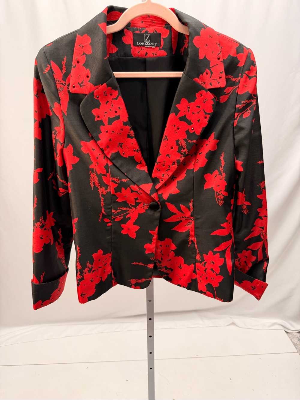 Lorizoni Red Black Bold Floral Satin Blazer Jacket Single Button XL